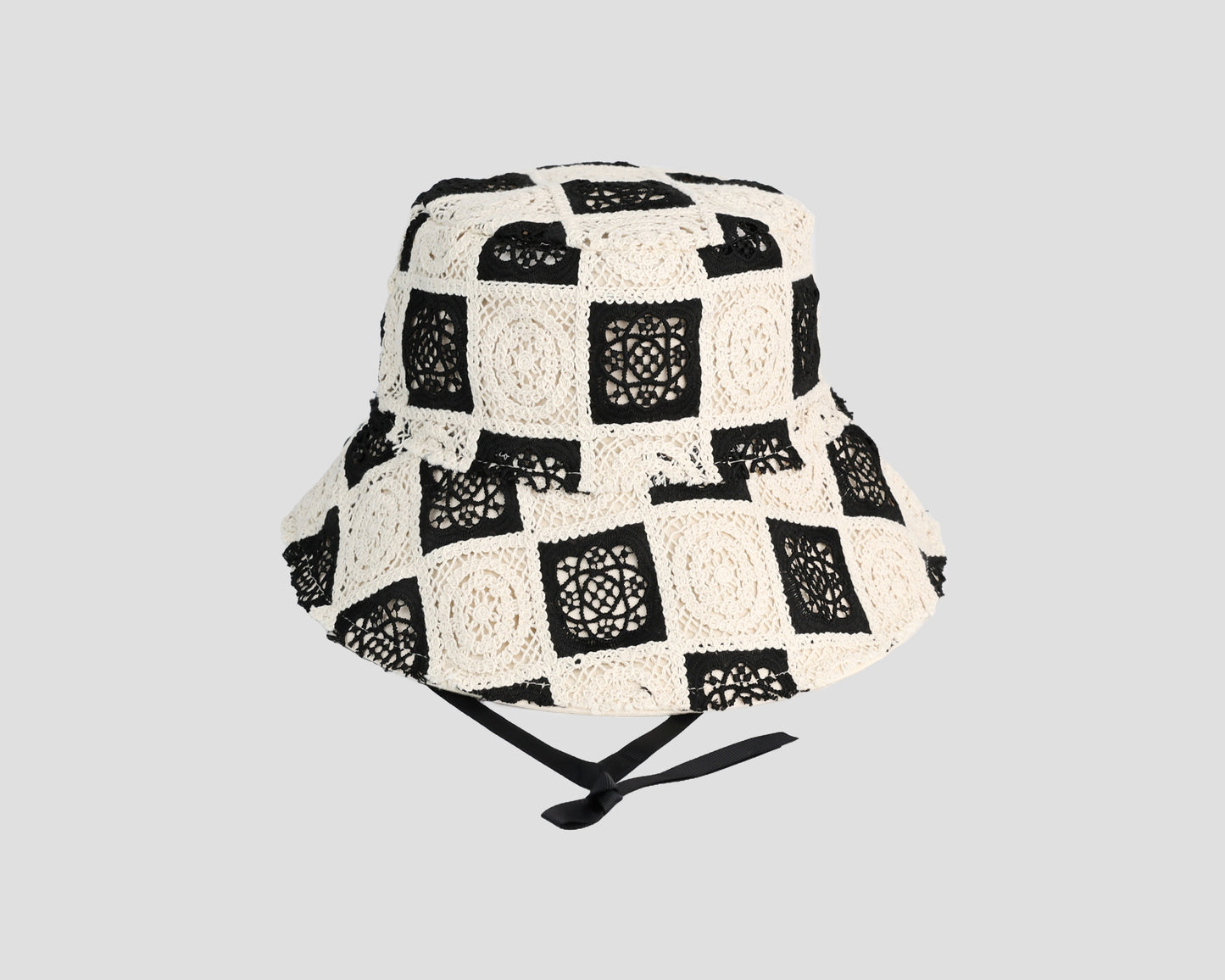 IVORY BLACK CROCHET FABRIC UNISEX BUCKET HAT