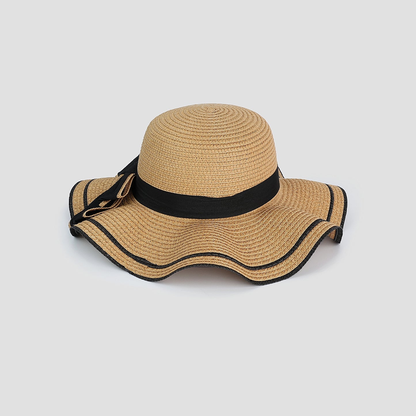 SCALLOPED FLOPPY STRAW HAT with BOW