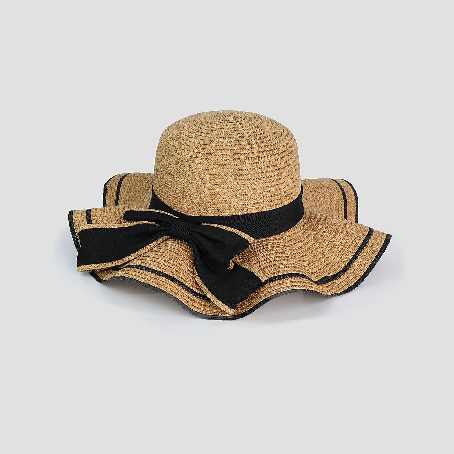 SCALLOPED FLOPPY STRAW HAT with BOW