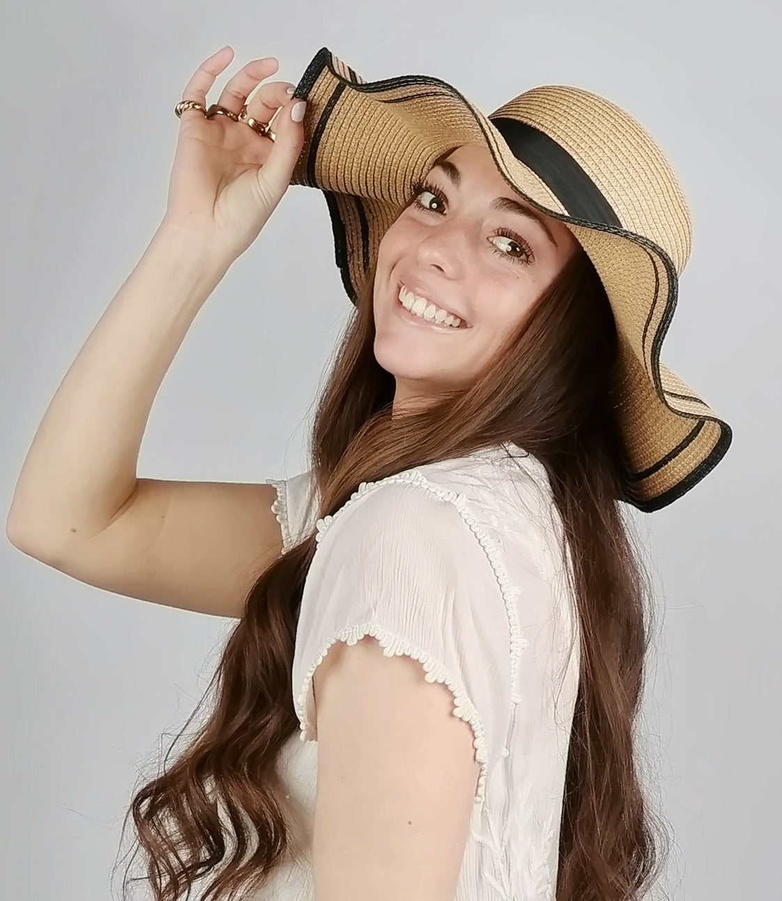 SCALLOPED FLOPPY STRAW HAT with BOW