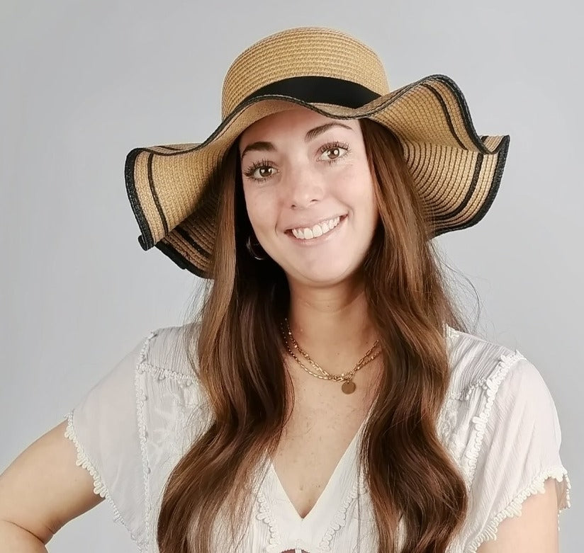 SCALLOPED FLOPPY STRAW HAT with BOW