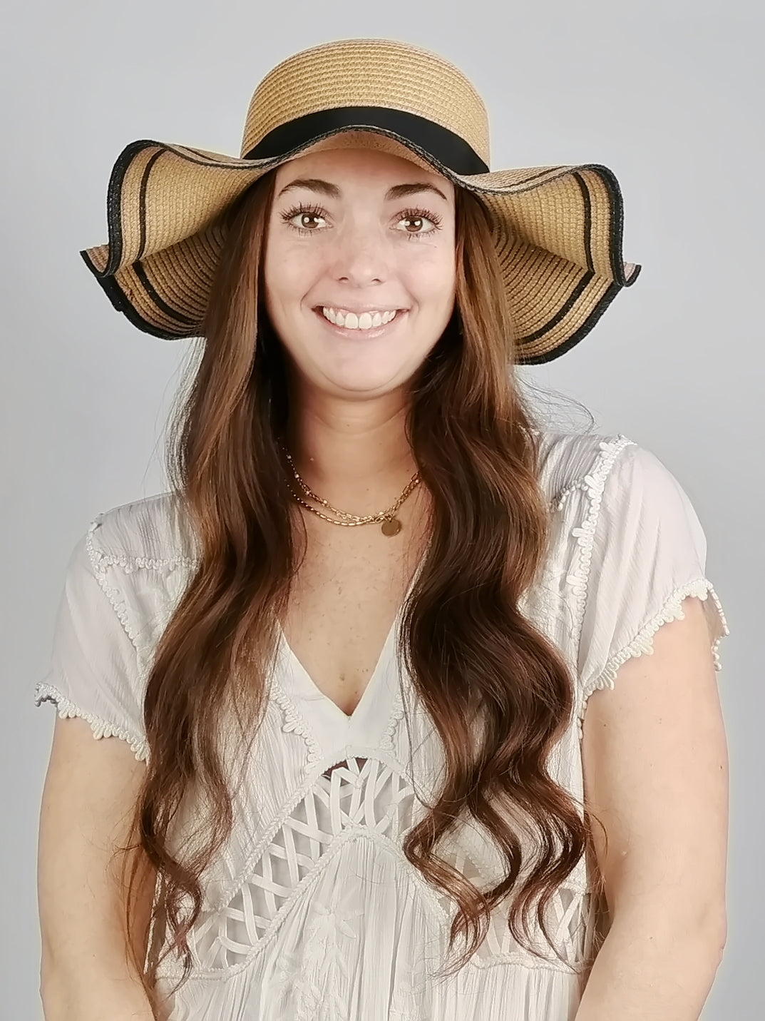 SCALLOPED FLOPPY STRAW HAT with BOW