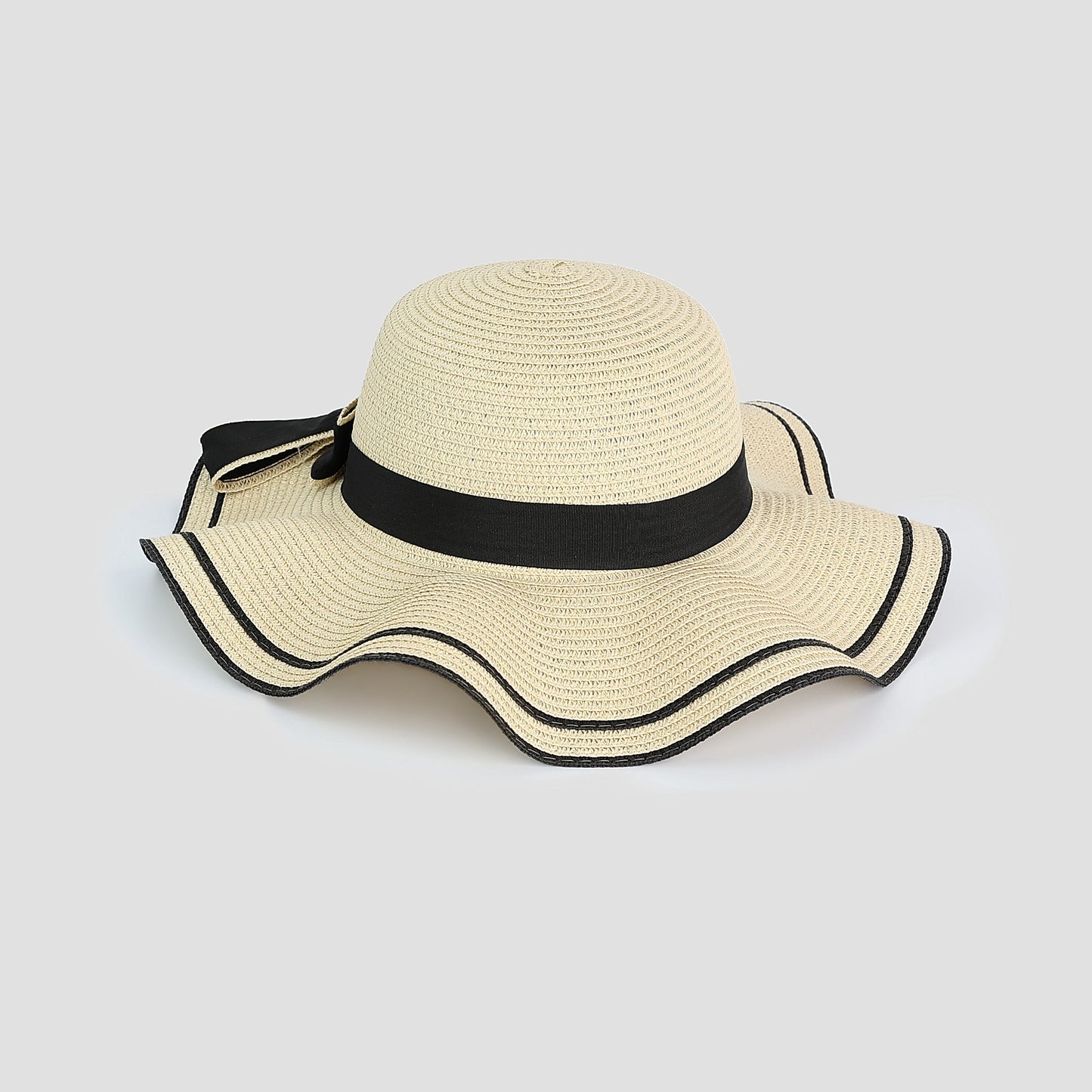 SCALLOPED FLOPPY STRAW HAT with BOW