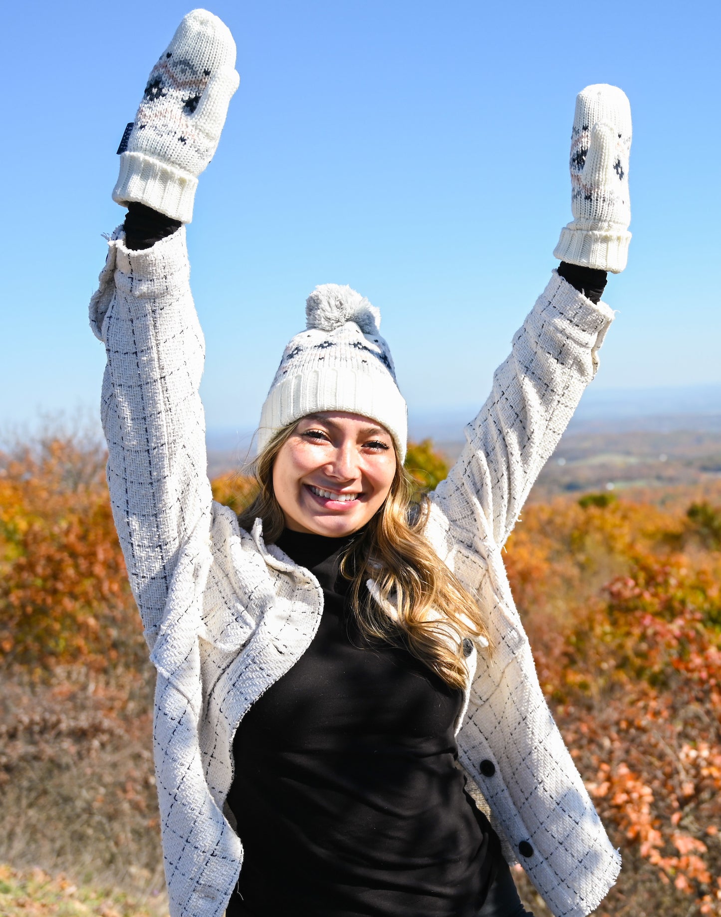 WOMEN POM BEANIE AND MITTEN Knitted  2PC SET