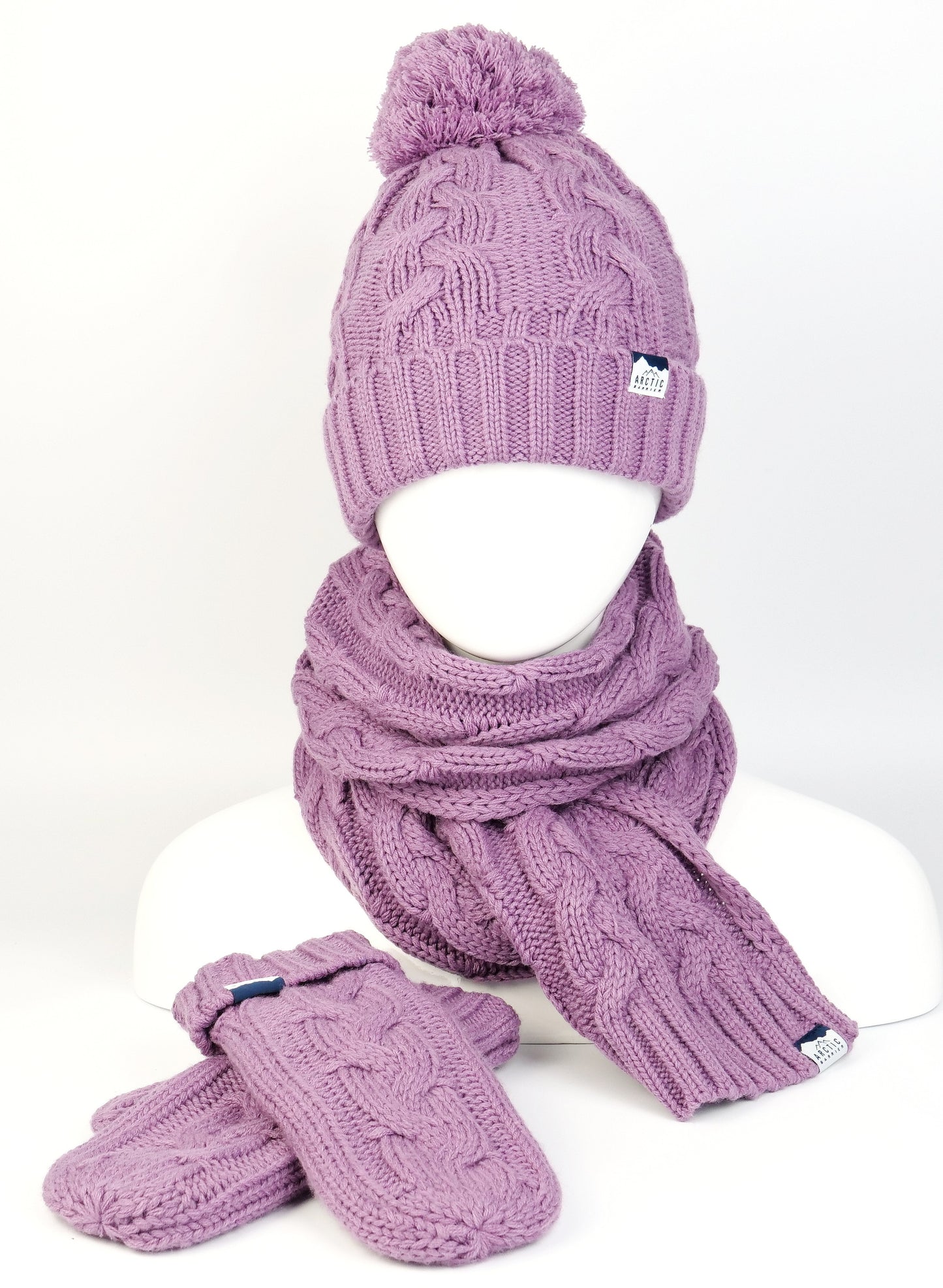 WOMEN 3PC Knitted SET: POM BEANIE, SCARF AND MITTEN