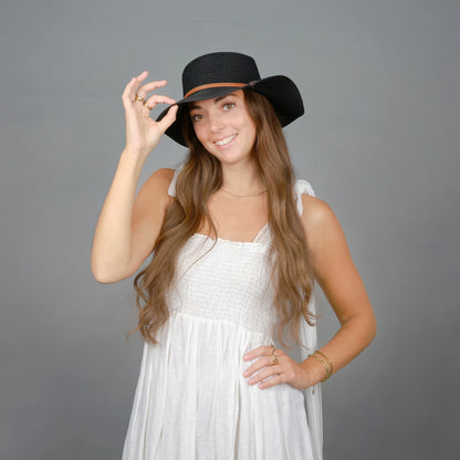 Faux Leather Band Straw Hat