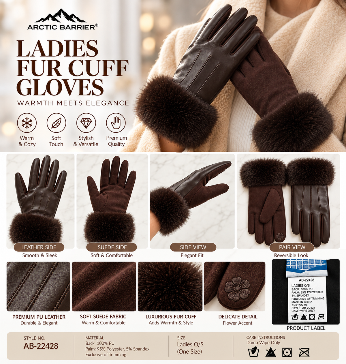 Women's Touchscreen Faux Leather Gloves with Fur Cuffs