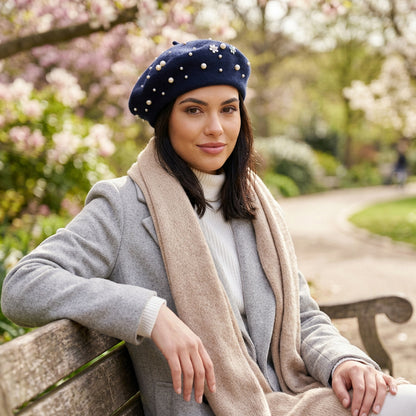Wool Beret with Pearl and Floral Embellishments