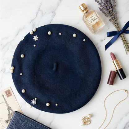 Wool Beret with Pearl and Floral Embellishments