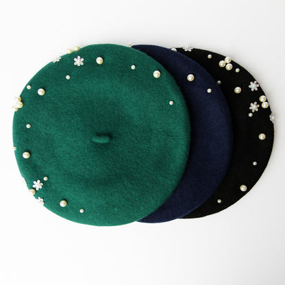 Wool Beret with Pearl and Floral Embellishments