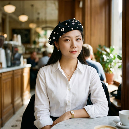 Wool Beret with Pearl and Floral Embellishments