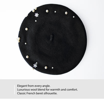 Wool Beret with Pearl and Floral Embellishments