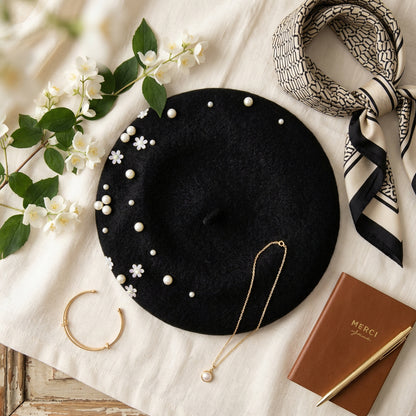 Wool Beret with Pearl and Floral Embellishments