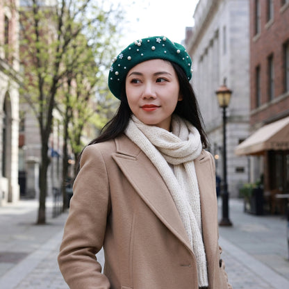 Wool Beret with Pearl and Floral Embellishments