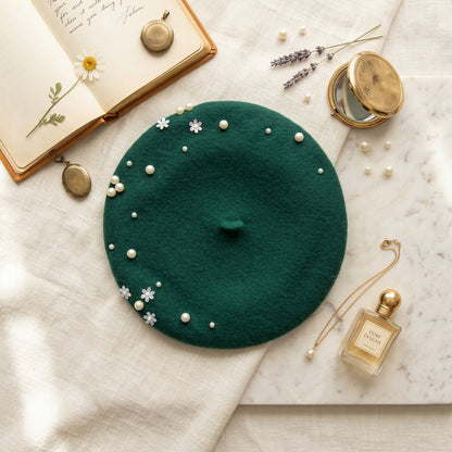 Wool Beret with Pearl and Floral Embellishments