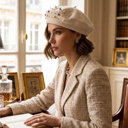 Embellished Wool Beret in Ivory