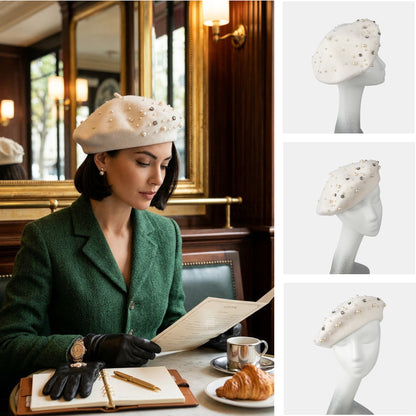 Embellished Wool Beret in Ivory