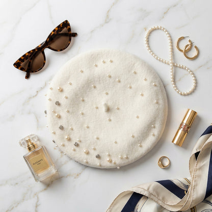 Embellished Wool Beret in Ivory