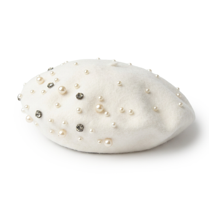 Embellished Wool Beret in Ivory