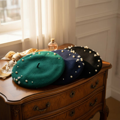 Wool Beret with Pearl and Floral Embellishments