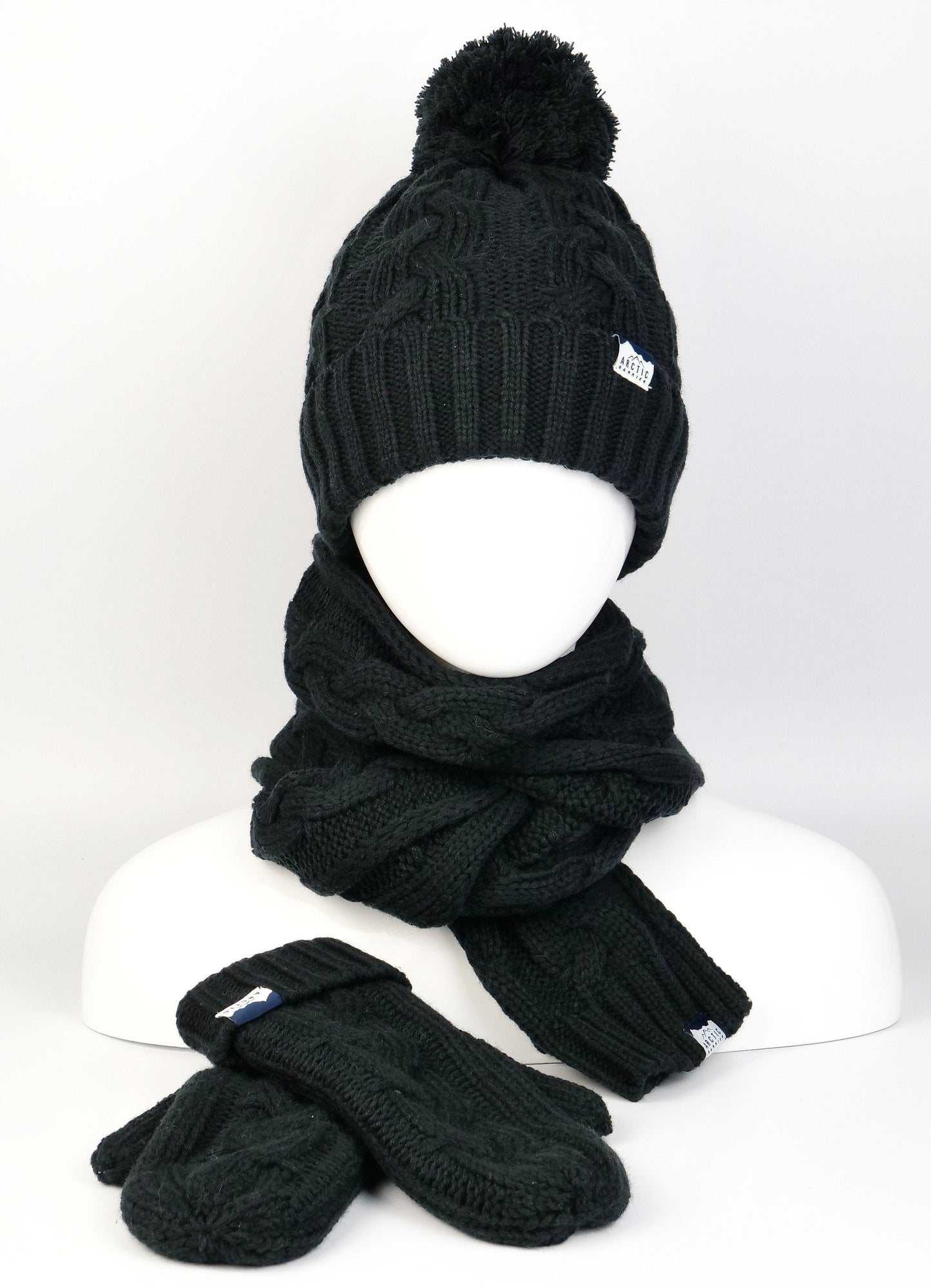WOMEN 3PC Knitted SET: POM BEANIE, SCARF AND MITTEN