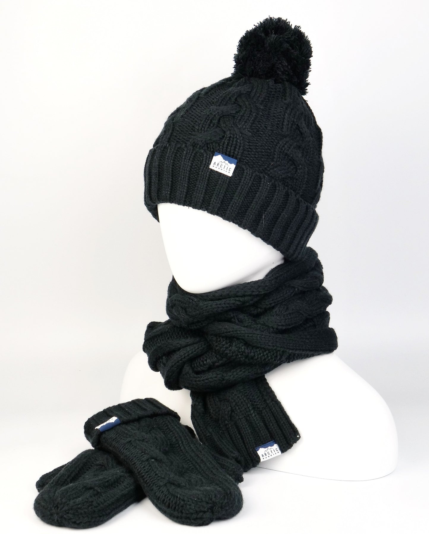 WOMEN 3PC Knitted SET: POM BEANIE, SCARF AND MITTEN
