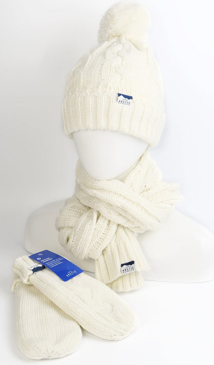 WOMEN 3PC Knitted SET: POM BEANIE, SCARF AND MITTEN